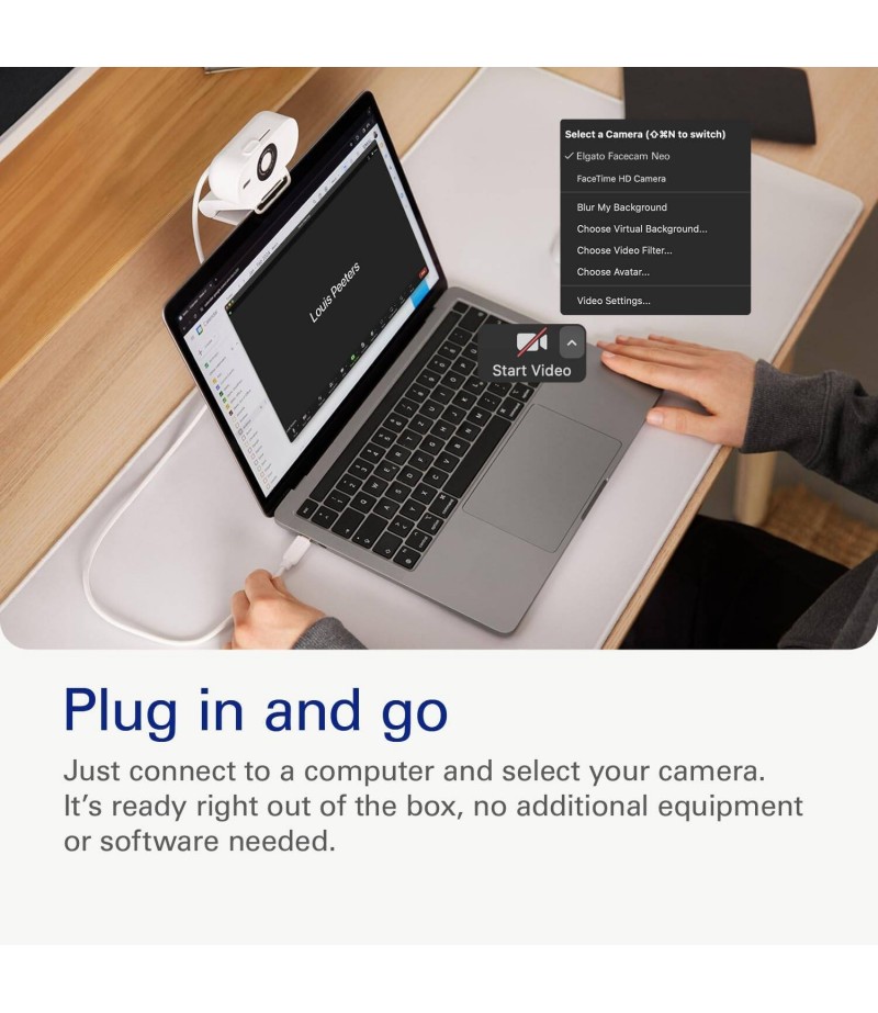 Elgato Facecam Neo Webcam, CMOS Sensor 1/2.9", Elgato AF Lens (auto focus) Optics, 26 mm (Full-Frame Equivalent) Focal Length, f/2.0 Aperture, 77° FoV, USB Type C Connection, White | 10WAE9901