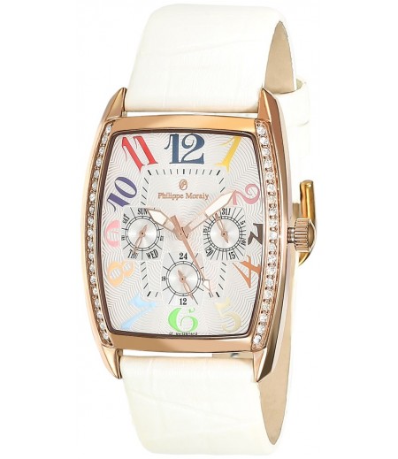 Philippe Moraly Womens White Dial Leather Band Watch - LS1032RWW