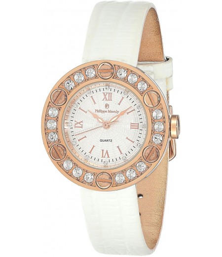 Philippe Moraly Womens White Dial Leather Band Watch - LS1156RWW