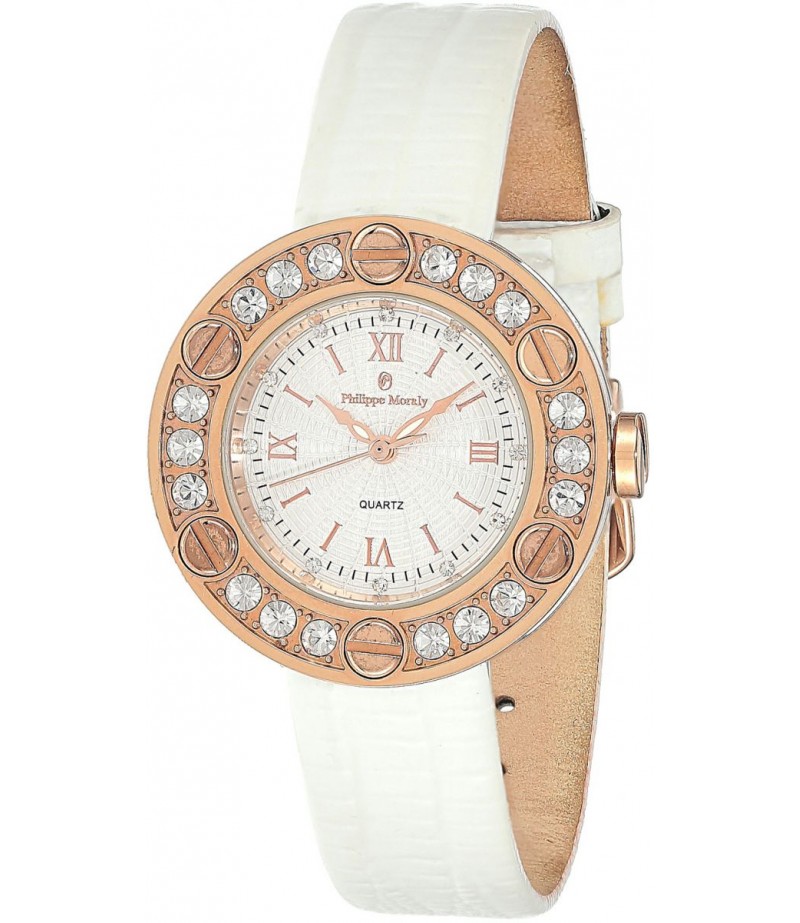 Philippe Moraly Womens White Dial Leather Band Watch - LS1156RWW