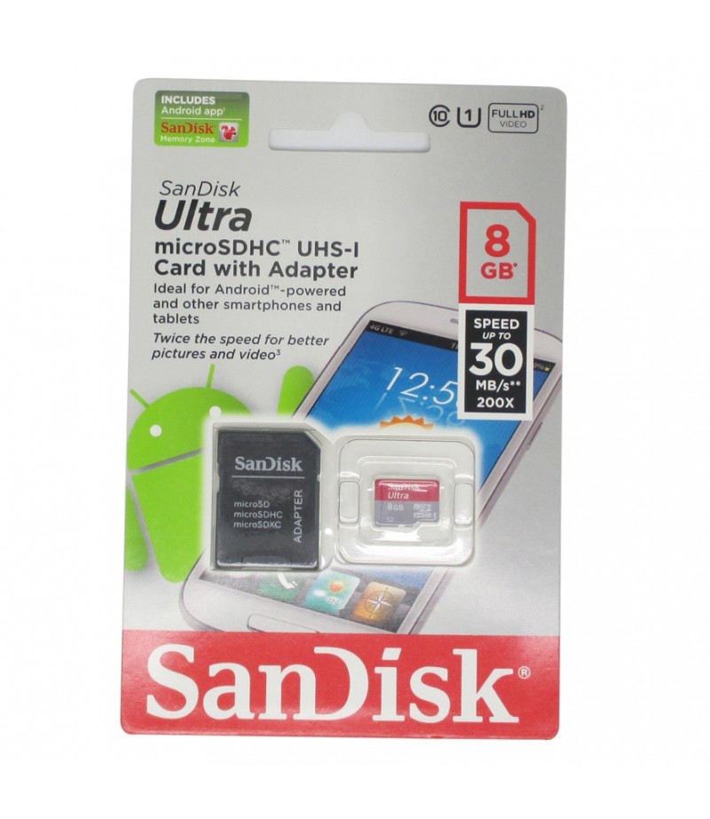 SANDISK Micro SD Ultra 8GB Android UHS-I C10 30MB/s.