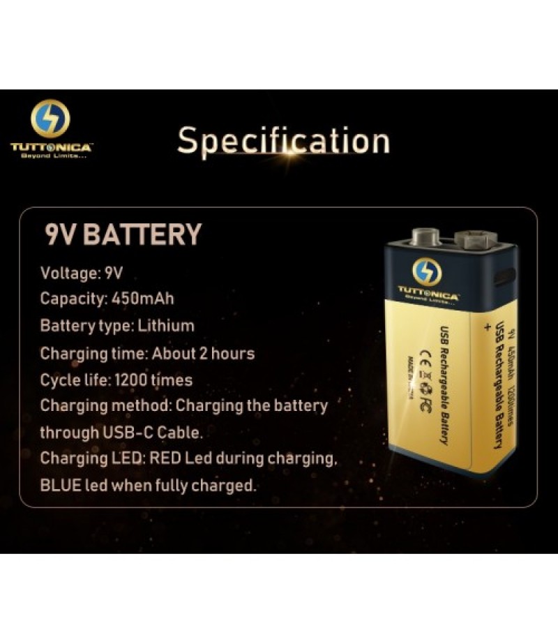 TUTTONICA 9V TYPE C RECHARGEABLE BATTERY