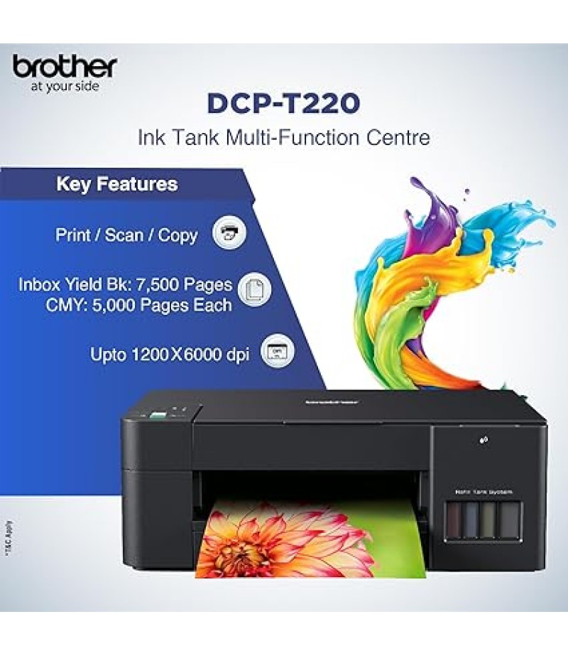 Brother Ink Tank Printer, DCP-T220 - USB - Print, Scan and Copy. High Yield Ink Bottles