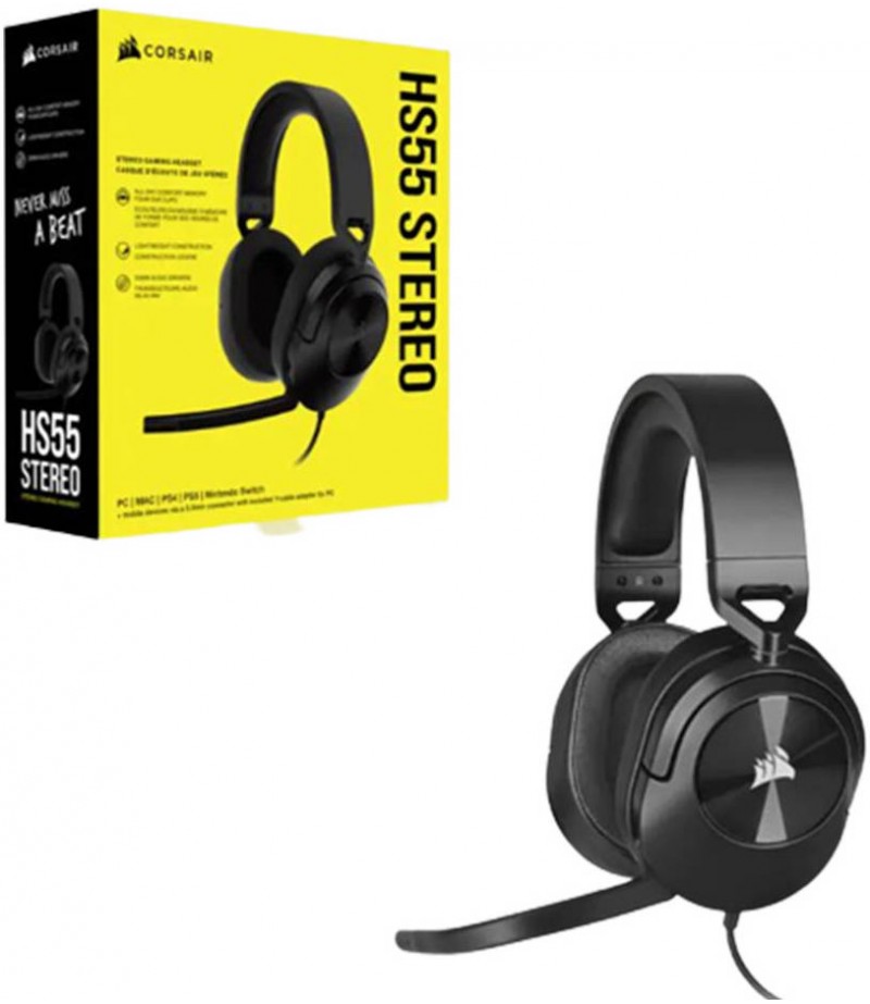 Corsair HS55 Stereo Wired Gaming Headset, 20Hz - 20 kHz Frequency Response, 114dB Sensitivity, 50mm Drivers, 1.8m Cable Length, For PC / Mac / PS4 & 5 / Xbox One Series, Carbon | CA-9011260-NA