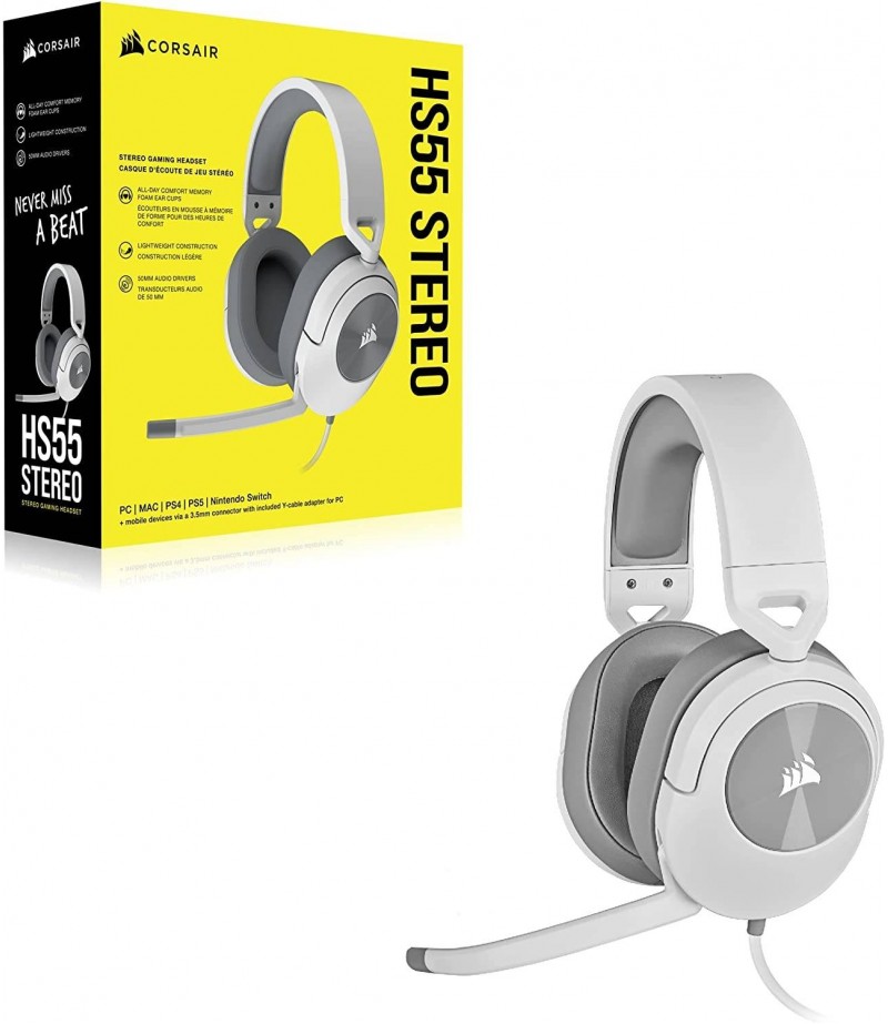 Corsair HS55 Stereo Wired Gaming Headset, 20Hz - 20 kHz Frequency Response, 114dB Sensitivity, 50mm Drivers, 1.8m Cable Length, For PC / Mac / PS4 & 5 / Xbox One Series, White | CA-9011261-NA