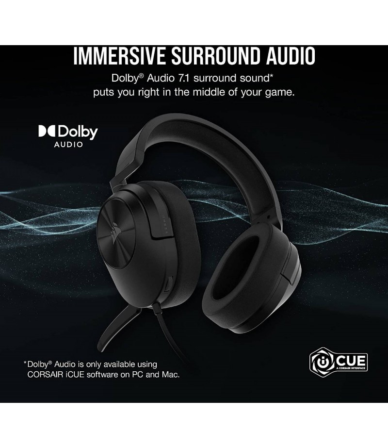 Corsair HS55 Surround Wired Gaming Headset, Dolby Audio 7.1, 20Hz - 20 kHz Frequency Response, 50mm Drivers, 1.8m Cable Length, For PC / Mac / PS4 & 5 / Xbox One Series, Carbon | CA-9011265-NA