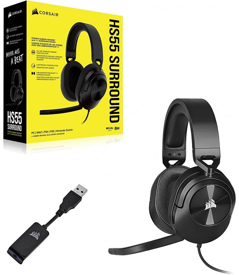 Corsair HS55 Surround Wired Gaming Headset, Dolby Audio 7.1, 20Hz - 20 kHz Frequency Response, 50mm Drivers, 1.8m Cable Length, For PC / Mac / PS4 & 5 / Xbox One Series, Carbon | CA-9011265-NA