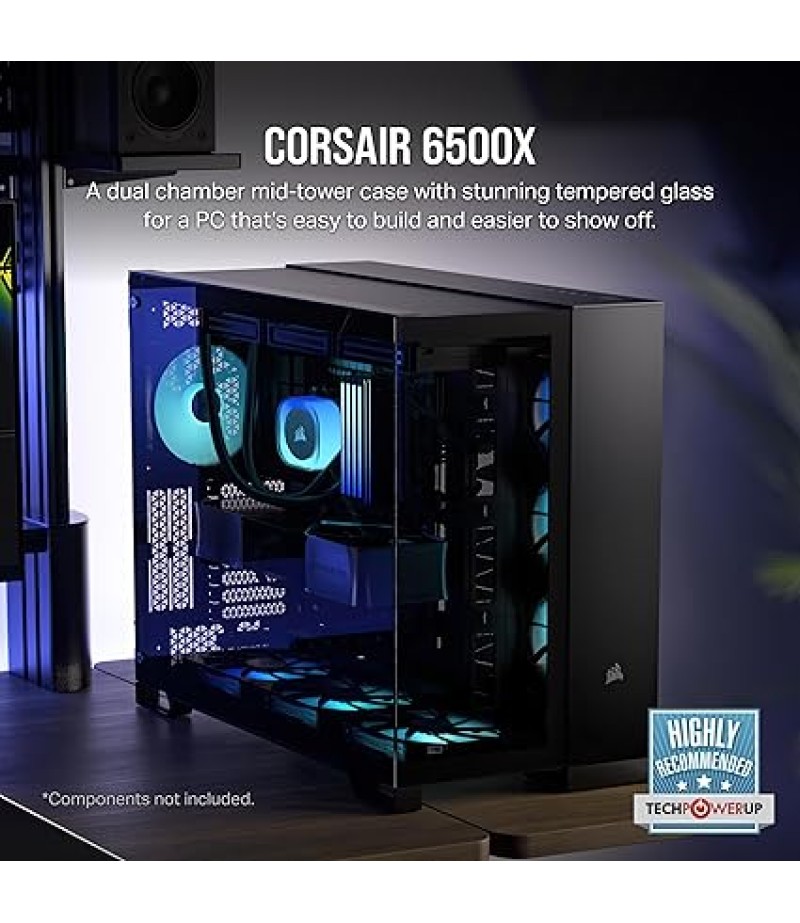 CORSAIR 6500X Tempered Glass Mid-Tower ATX PC Case – No Fans Included – Dual-Chamber Design – Wide Cooling Flexibility – Reverse Connection Motherboard Compatible – Black| CC-9011257-WW