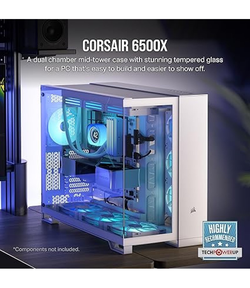 CORSAIR 6500X Tempered Glass Mid-Tower ATX PC Case – No Fans Included – Dual-Chamber Design – Wide Cooling Flexibility – Reverse Connection Motherboard Compatible – White | CC-9011258-WW