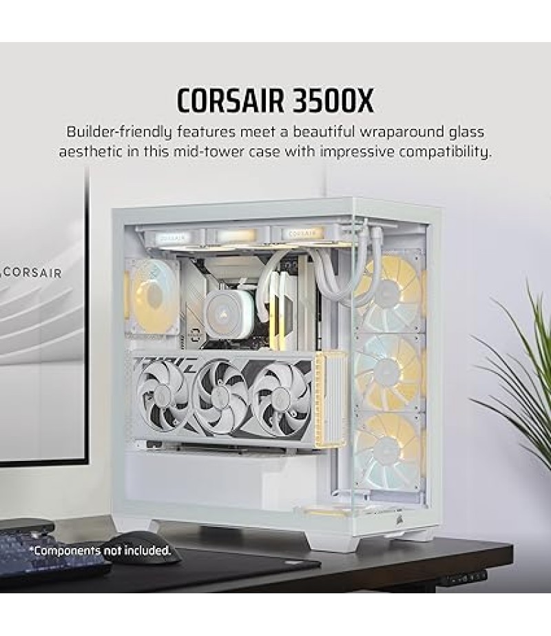 CORSAIR 3500X Mid-Tower ATX PC Case – Panoramic Tempered Glass – Reverse Connection Motherboard Compatible – No Fans Included – White | CC-9011277-WW