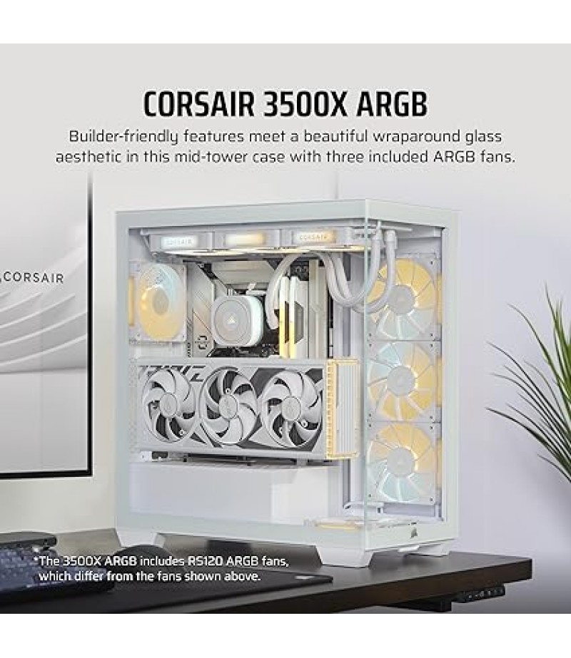 CORSAIR 3500X ARGB Mid-Tower ATX PC Case – Panoramic Tempered Glass – Reverse Connection Motherboard Compatible – 3X CORSAIR RS120 ARGB Fans Included – White | CC-9011279-WW