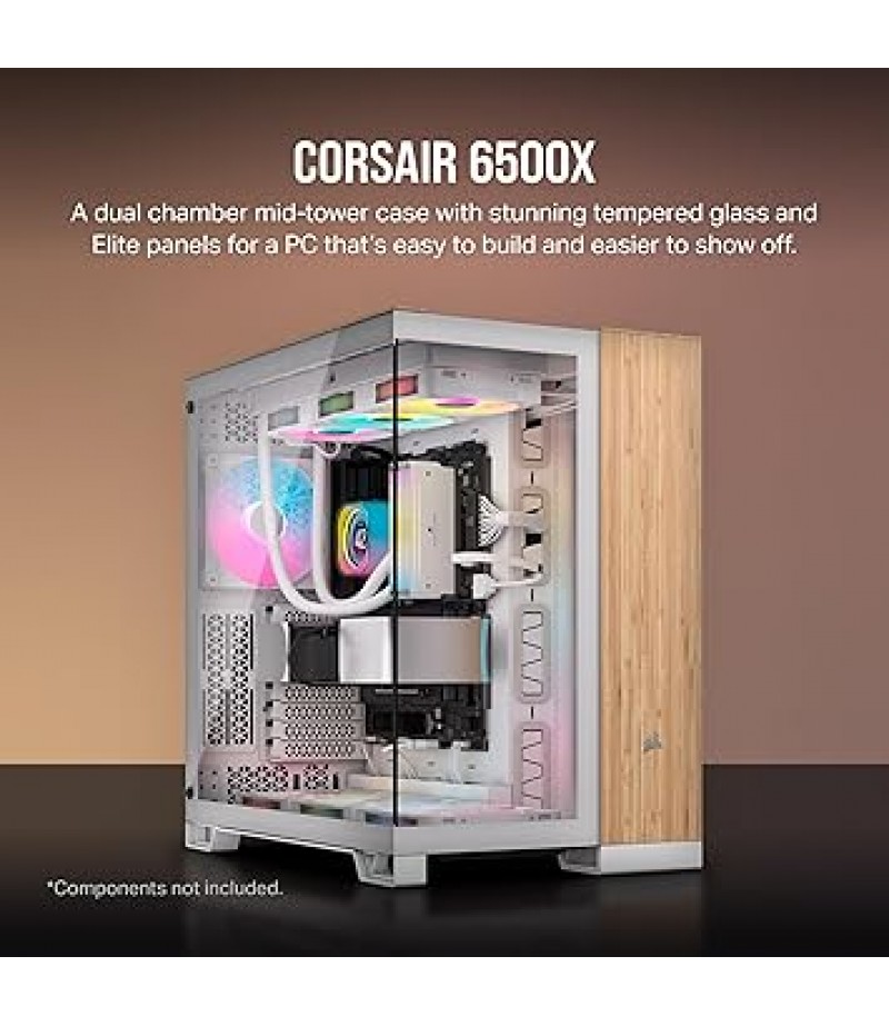 CORSAIR ATX 6500X Mid-Tower Dual Chamber PC Case - Panoramic Tempered Glass - Reverse Connection Compatible Motherboard - No Fans Included - White/Bamboo Wood | CC-9011284-WW