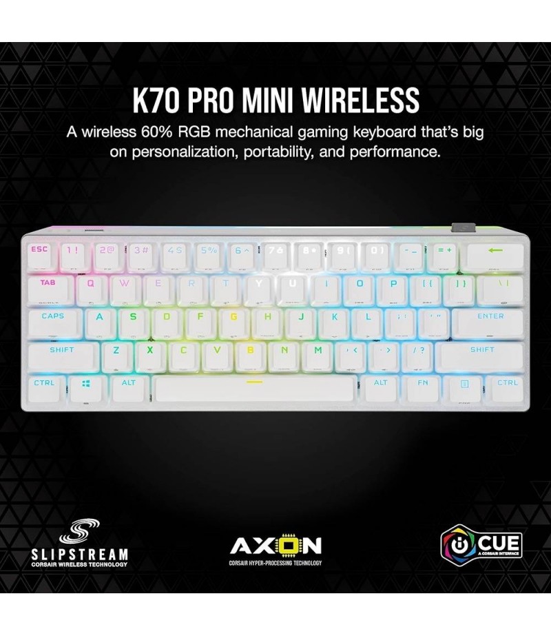 Corsair K70 RGB Pro Mini Wireless Mechanical Gaming Keyboard, Swappable Cherry MX Switches, PBT Double Shot Keycaps, For PC / Mac / Mobile / Playstation, English Layout, White | CH-9189110-NA