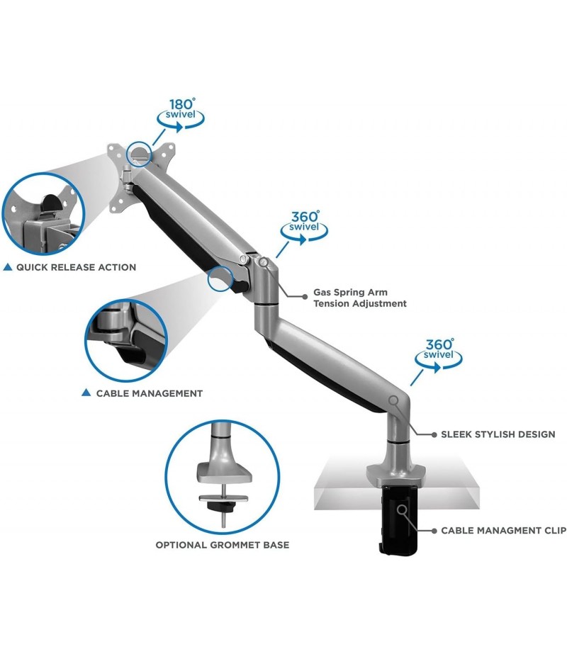 SKILL TECH  SH100-C012 Aluminum Vertical Adjustment Monitor Desk Mount Full Motion Screen Size 13inch - 32inch 