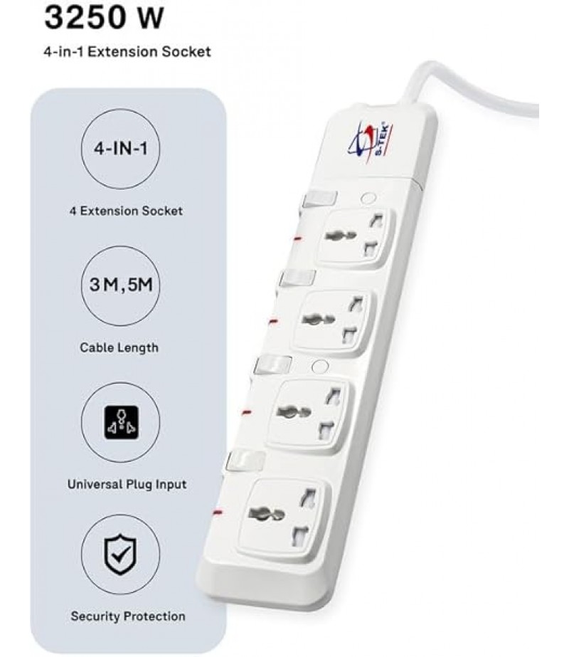 S-TEK Extension Cord [10 ft/3 mtr] Power Strip Surge Protector(4WAY)