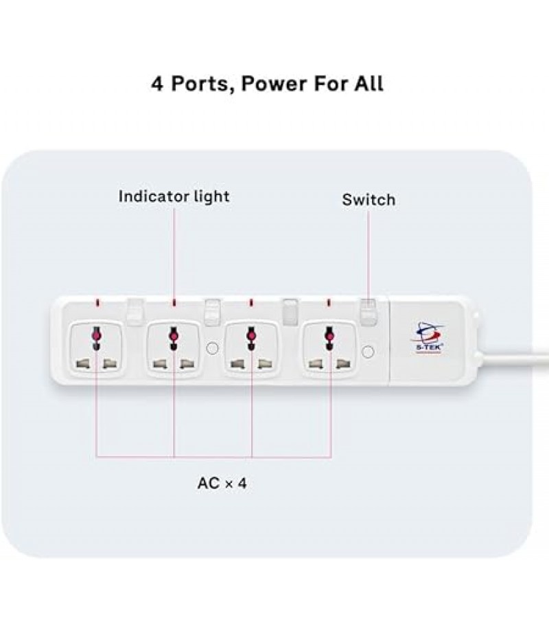 S-TEK Extension Cord [10 ft/3 mtr] Power Strip Surge Protector(4WAY)