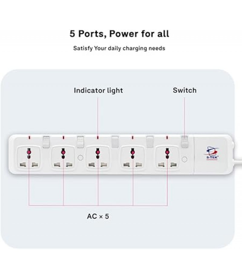 S-TEK Extension Cord [10 ft/3 mtr] Power Strip Surge Protector (5WAY)