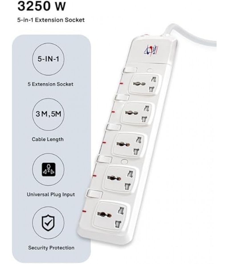 S-TEK Extension Cord [10 ft/3 mtr] Power Strip Surge Protector (5WAY)