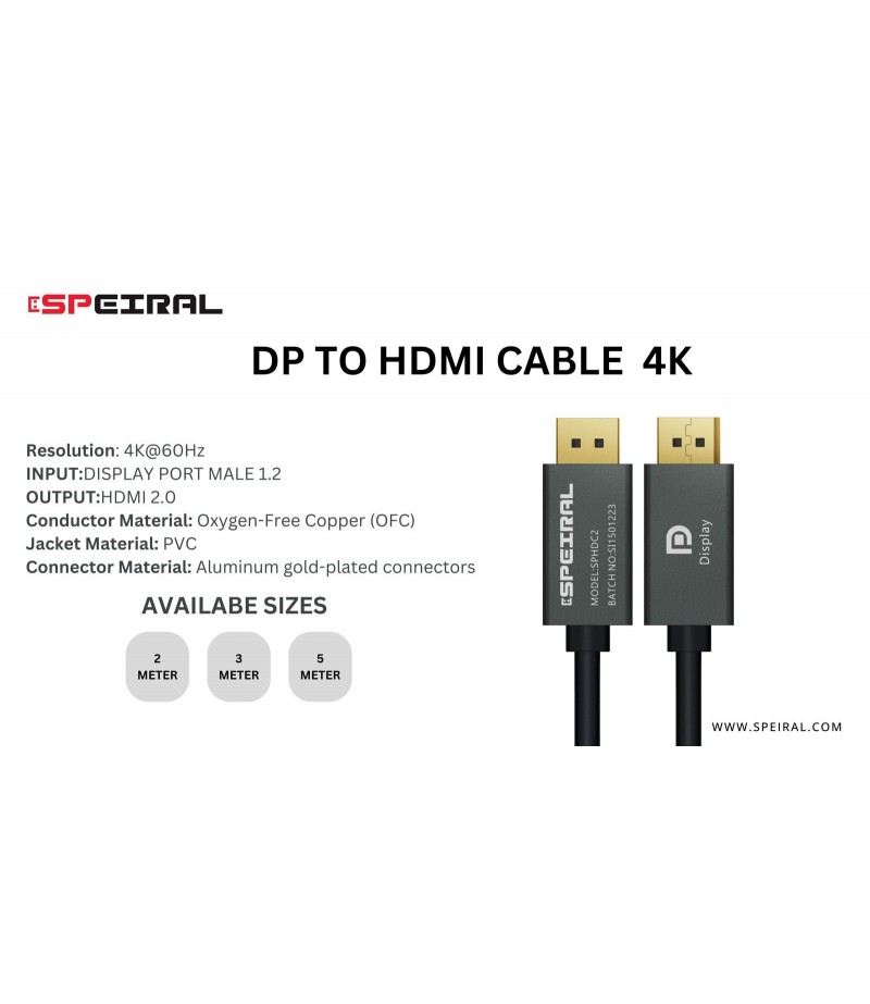 Speiral DISPLAYPORT TO HDMI CABLE 5METER 4K 60 Hz  SPDHC5