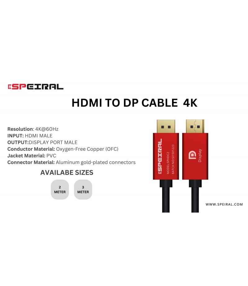 Speiral HDMI to DisplayPort 3METER Cable 4K 60 Hz SPHDC3