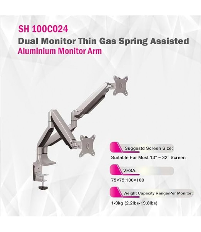 SKILL TECH SH100-C024 Dual Monitor Arm Stand Desk Mount Bracket with Height Adjustable Full Motion